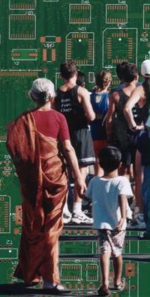 Composite photo of marathon race, silicon chip and Indian grandmother and child.